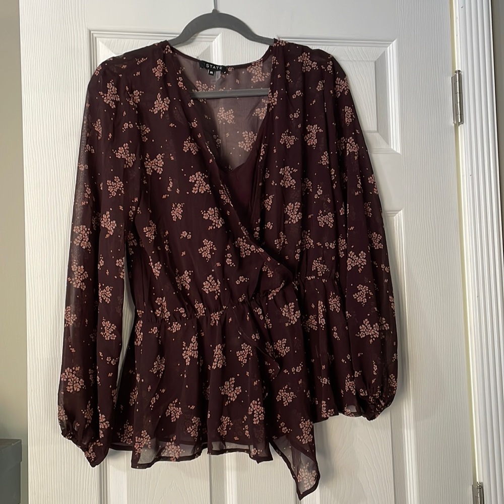 1. State Plum Floral Wrap Blouse